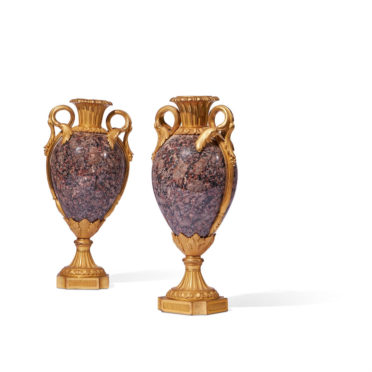 A PAIR OF GILT ORMOLU MOUNTED GRANITE VASES IN THE LOUIS XVI STYLE, FRENCH PAIRE&hellip;