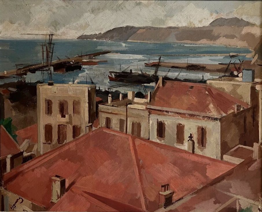 Alfred FIGUERAS (1900-1980) Vue du port d'Oran. 

Huile sur toile, signée en bas&hellip;