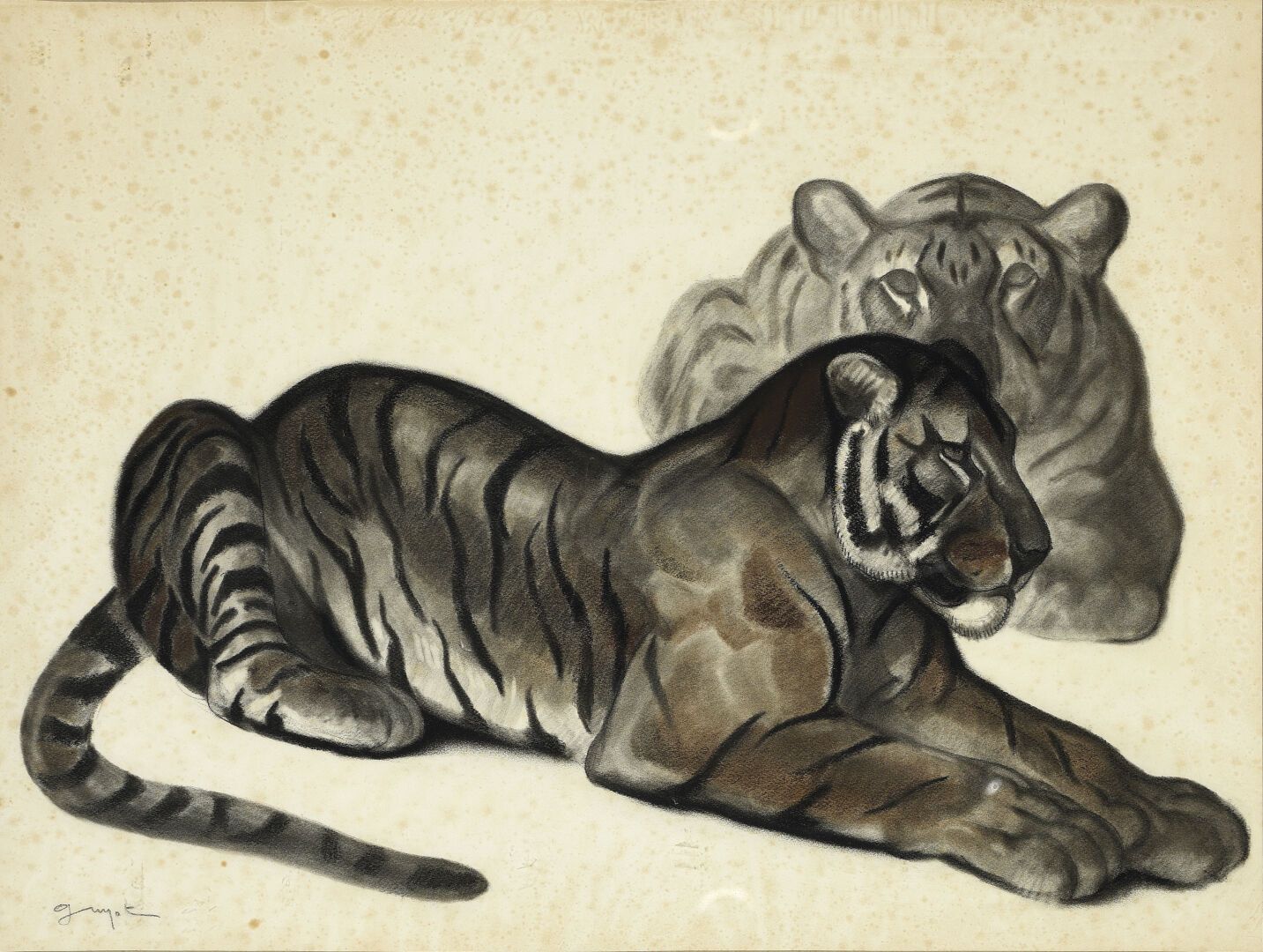 Georges Lucien GUYOT (1885-1973) Reclining Tigers. 

Charcoal on paper, signed l&hellip;
