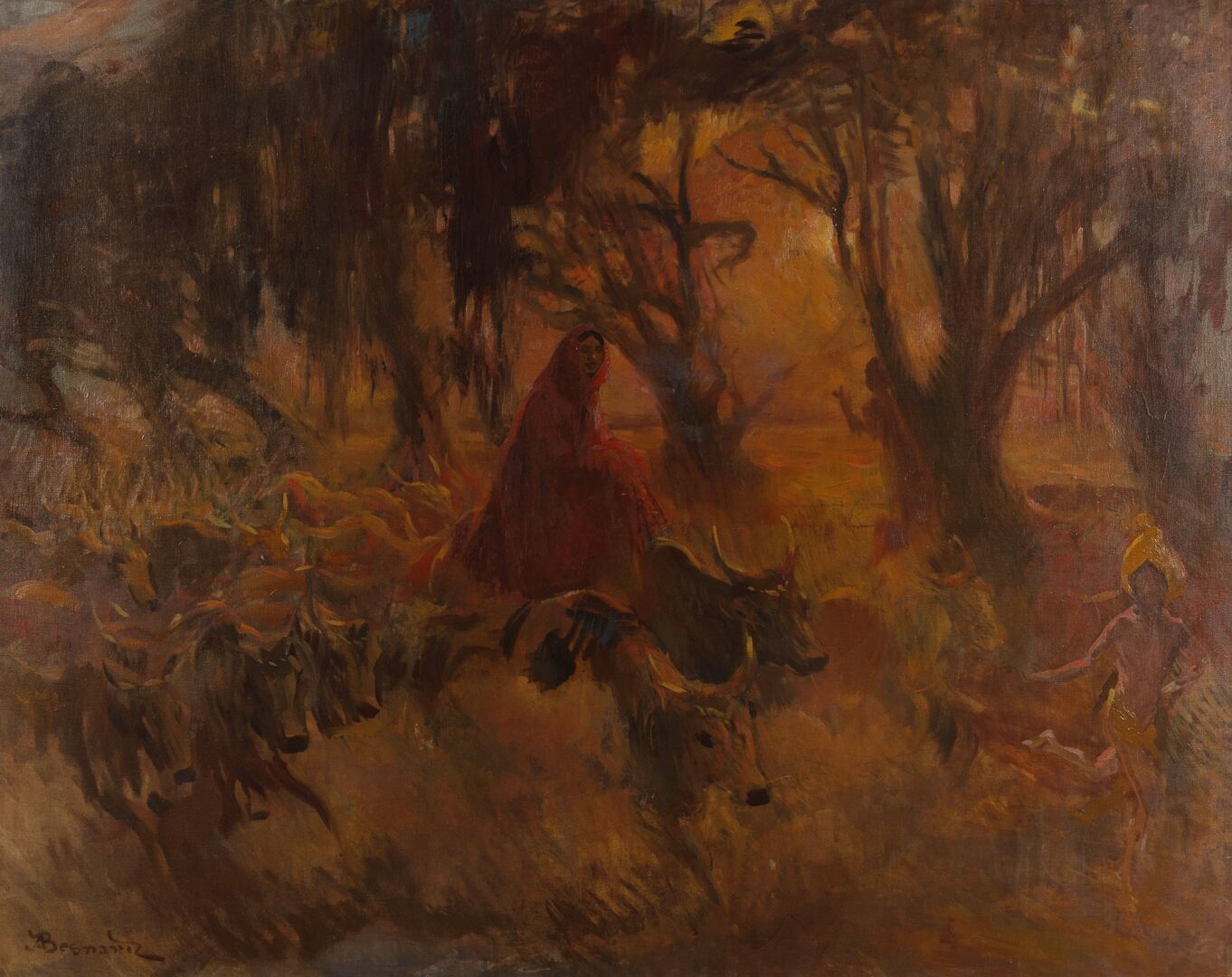 Albert BESNARD (1849-1934) Zebù e donna in sari rosso in India.

Olio su tela.

&hellip;