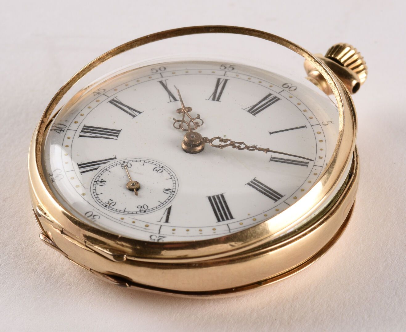 Null Pink gold pocket watch circa 1900, round three-body case, white enamel dial&hellip;