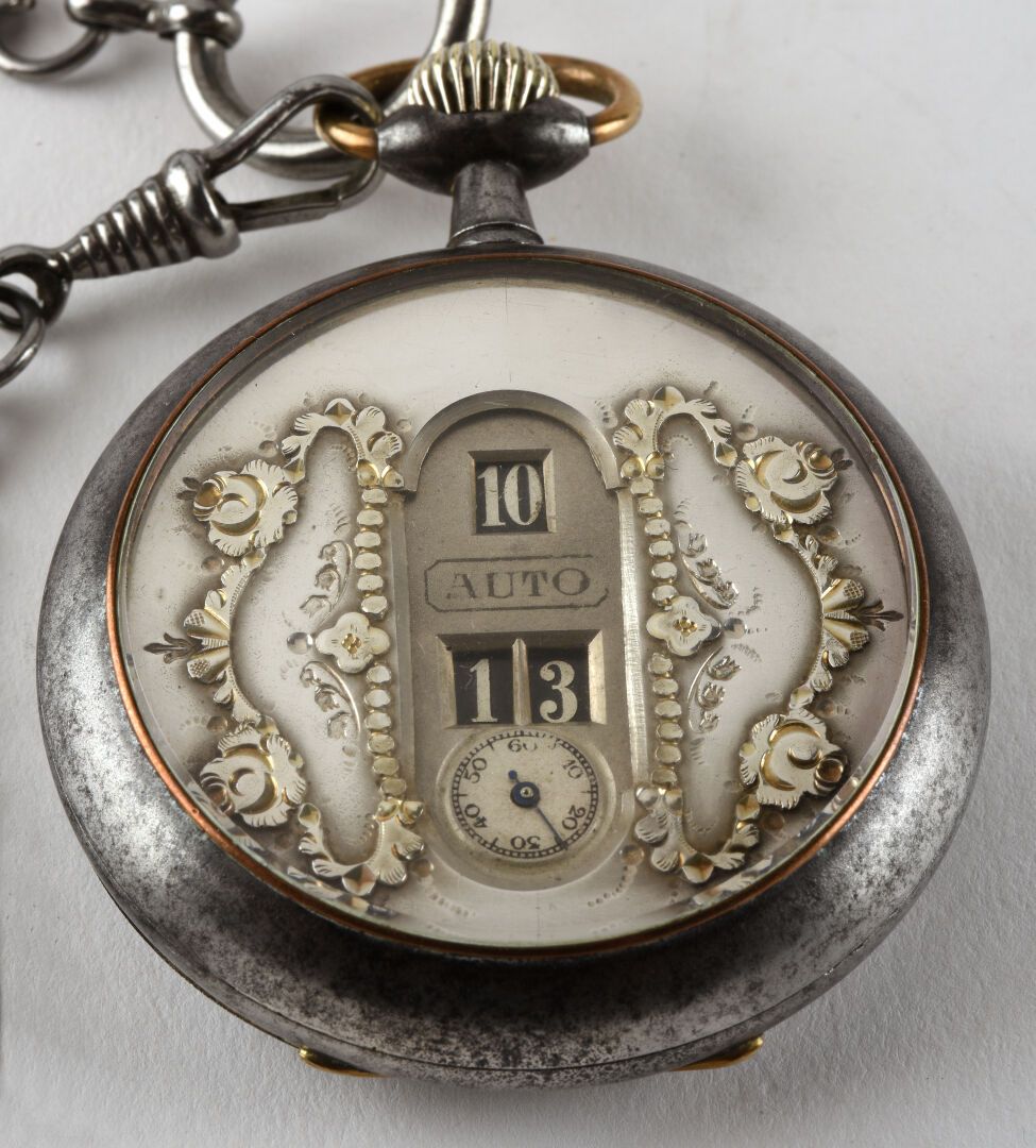 AUTO "Jumping Hours" vers 1910 Reloj de bolsillo de acero, antiguamente pavonado&hellip;