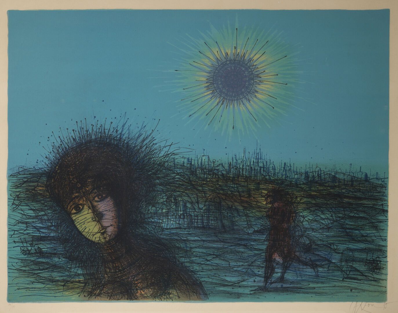 Jean CARZOU (1907-2000) 女人和太阳

纸上彩色打印，左下角编号为99/175，右下角有签名。

54,5 x 70 cm (见图)