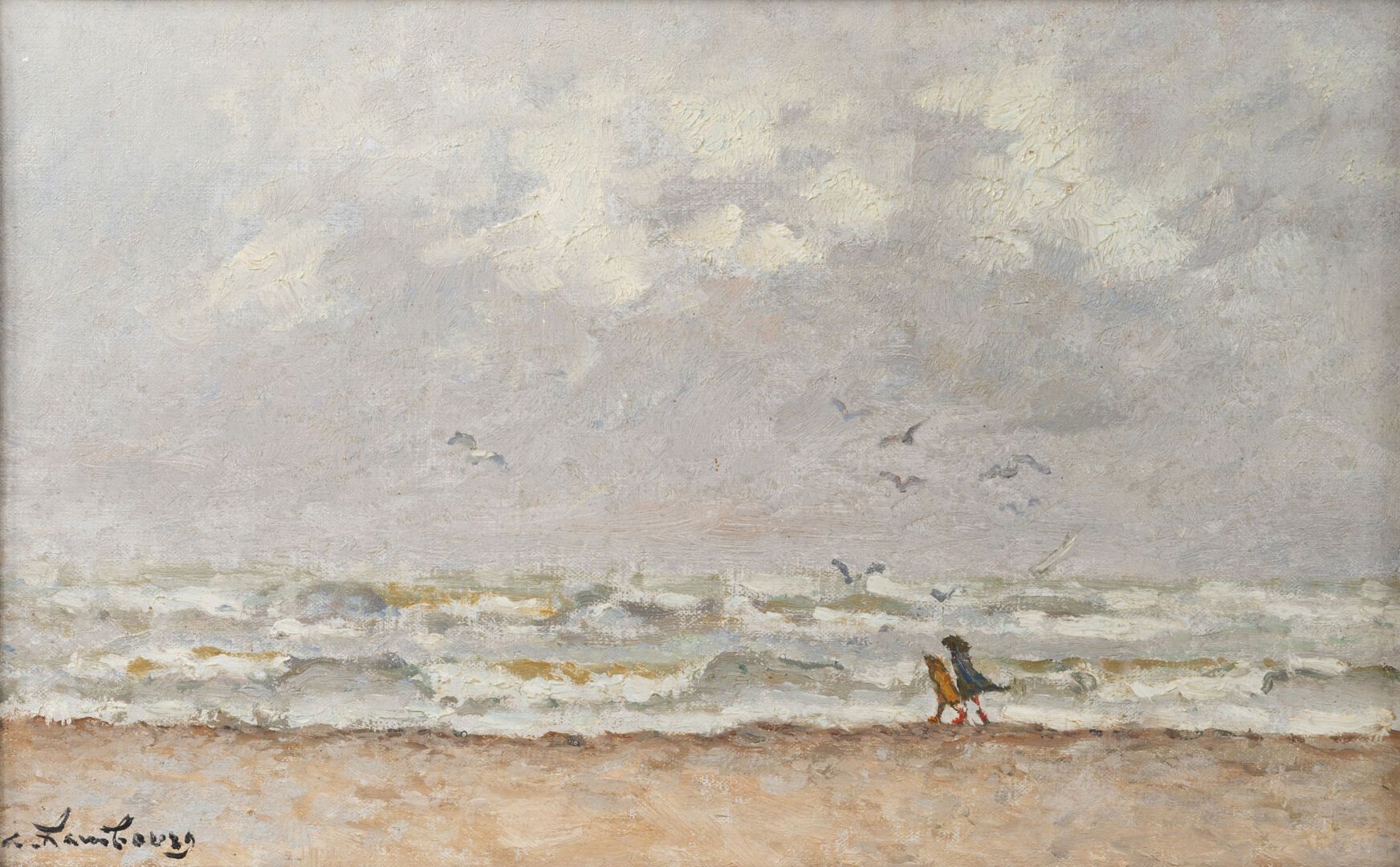André HAMBOURG (1909-1999) 英吉利海峡上的风暴，多维尔。

布面油画，左下方有签名，背面有标题和字样。

22 x 35厘米。

轻微&hellip;