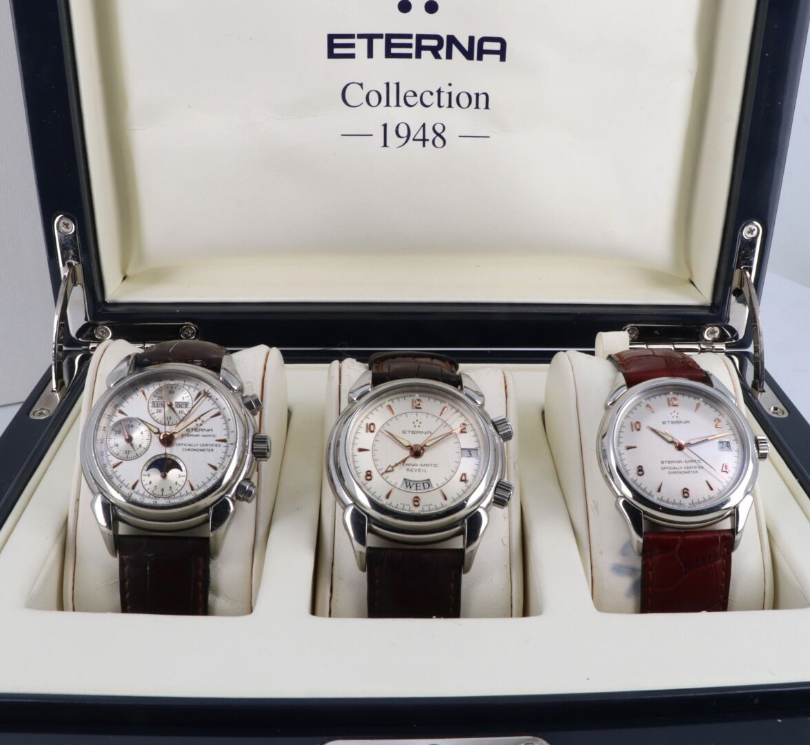 ETERNA "Les Historiques" 1948 罕见的盒装三款来自表厂的历史性腕表，配备著名的 "COSC "自动机芯，带有滚珠轴承转子和棘轮式倒转&hellip;