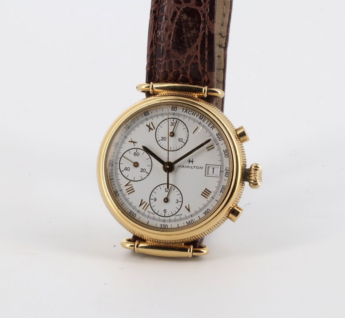 HAMILTON "Pionier" vers 1990 Metal wristwatch with yellow gold plate, round neo-&hellip;