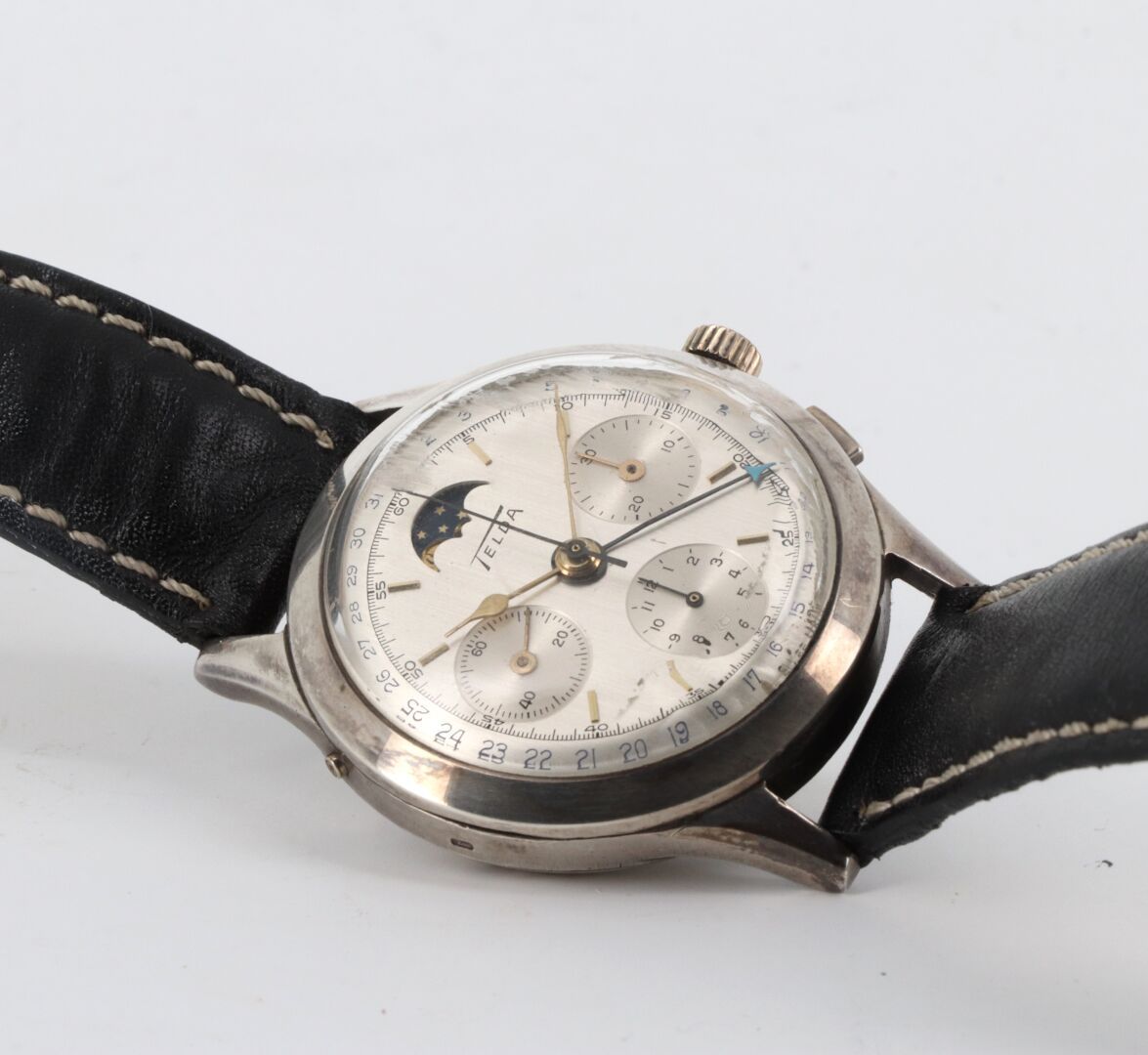TELDA "1941- Phases de lune -Date" vers 1950 Rare silver chronograph (925) made &hellip;