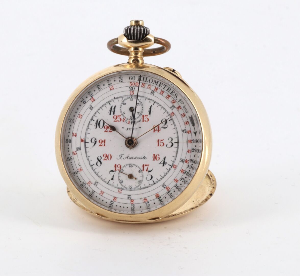 AURICOSTE "JUST" vers 1925 Yellow gold (750) pocket chronograph, round case with&hellip;