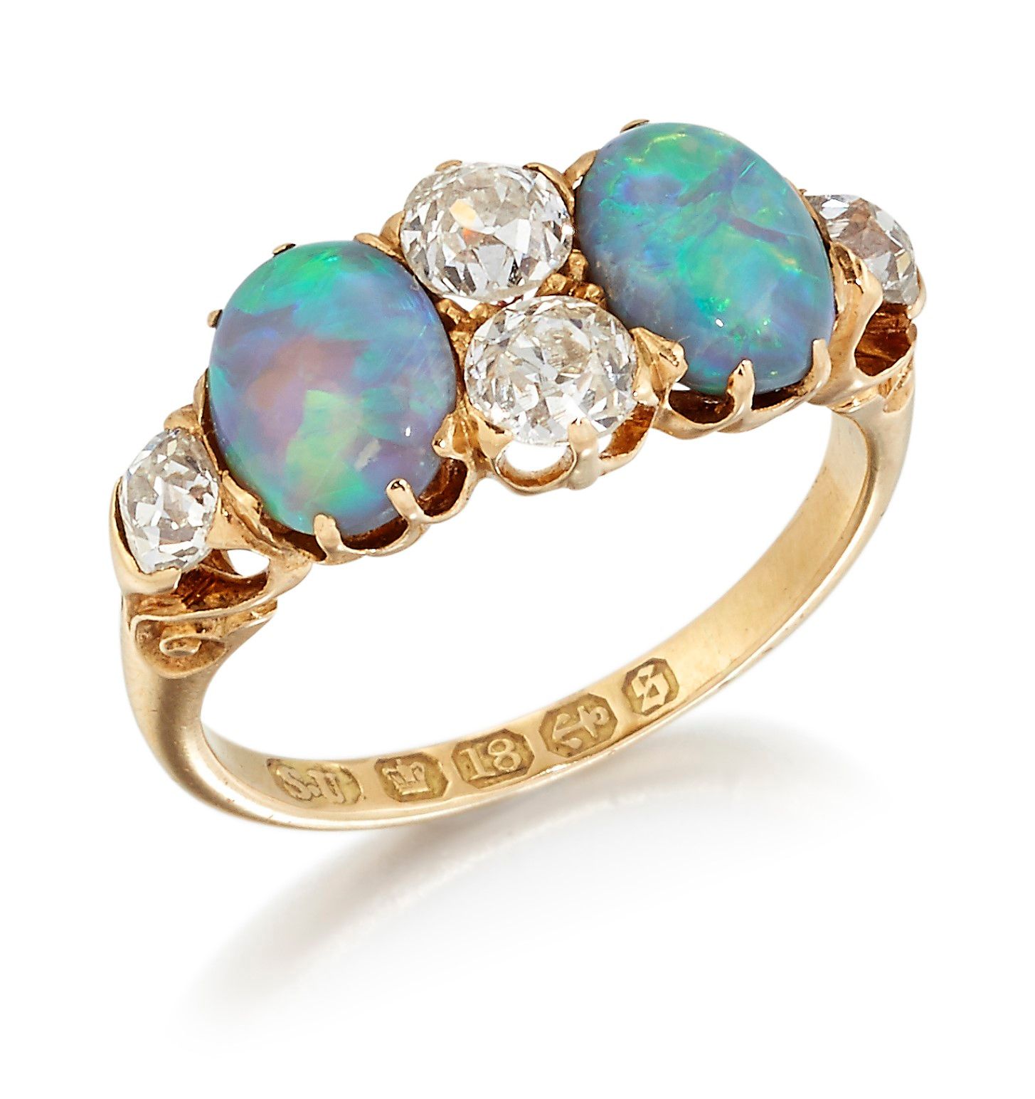Null A VICTORIAN 18CT GOLD BLACK OPAL AND DIAMOND RING, two oval opals spaced by&hellip;