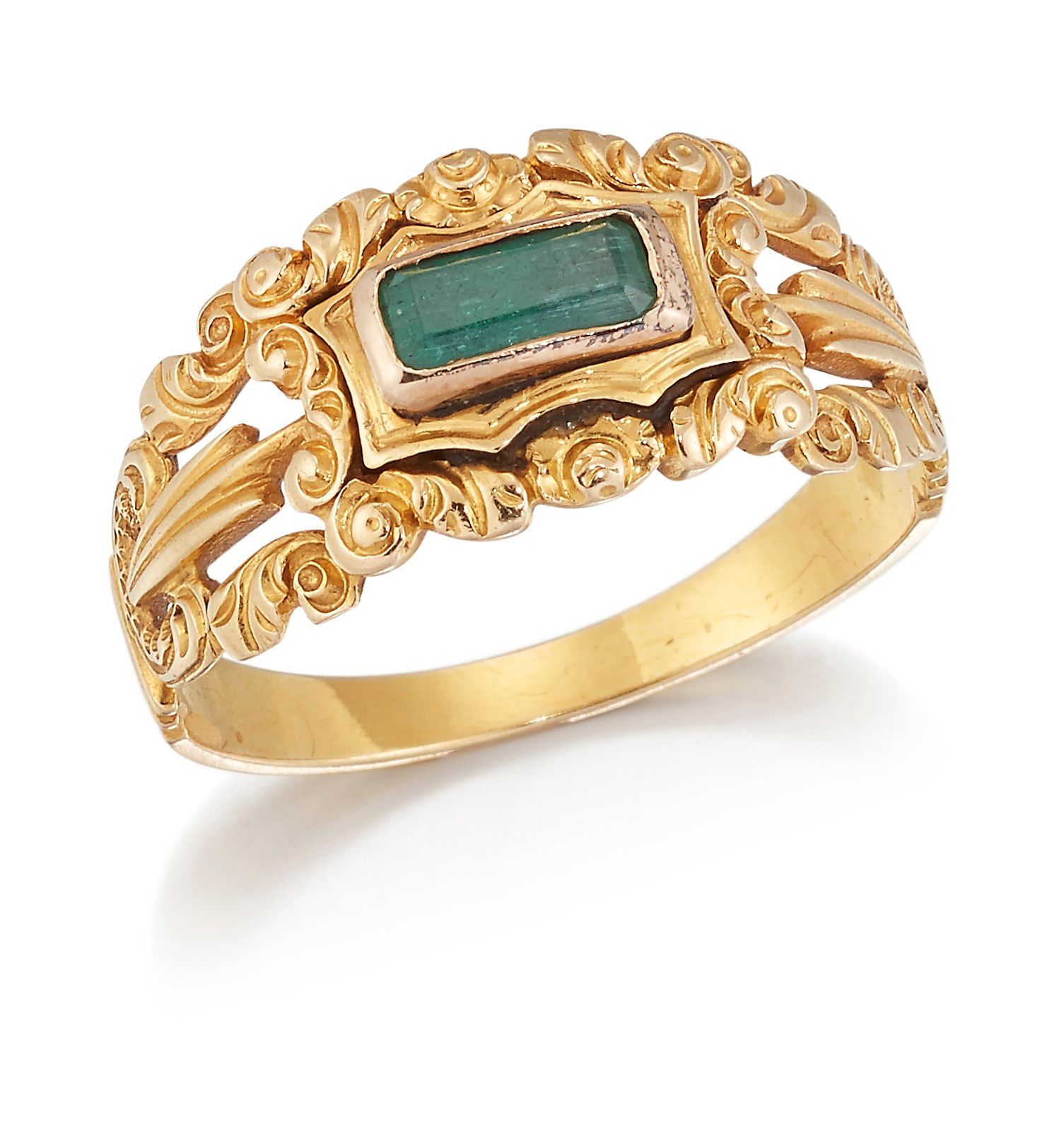 Null A 19TH CENTURY EMERALD RING, an octagonal-cut emerald in a bezel setting wi&hellip;