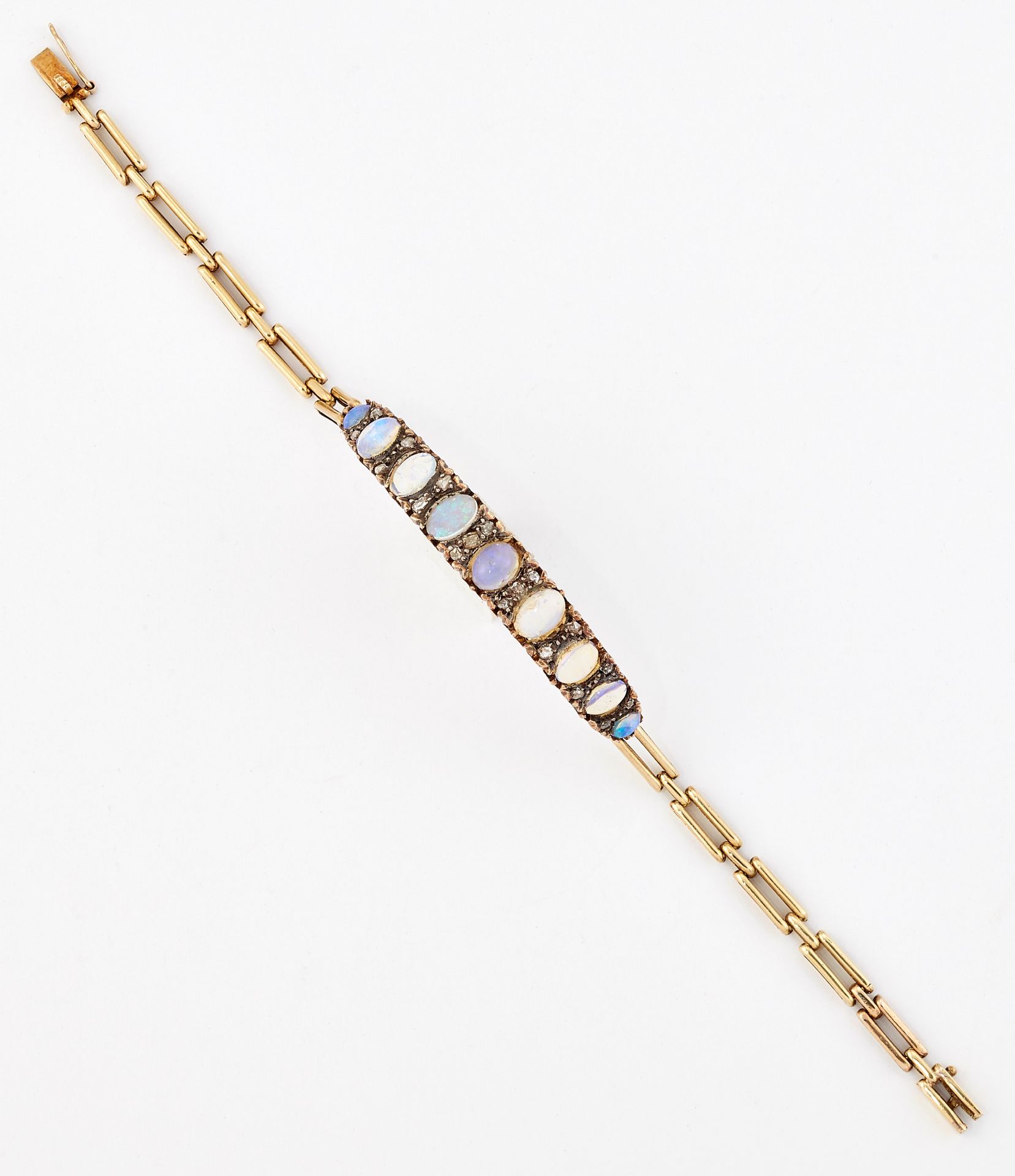 Null A LATE VICTORIAN OPAL AND DIAMOND BRACELET, graduated oval opals spaced by &hellip;