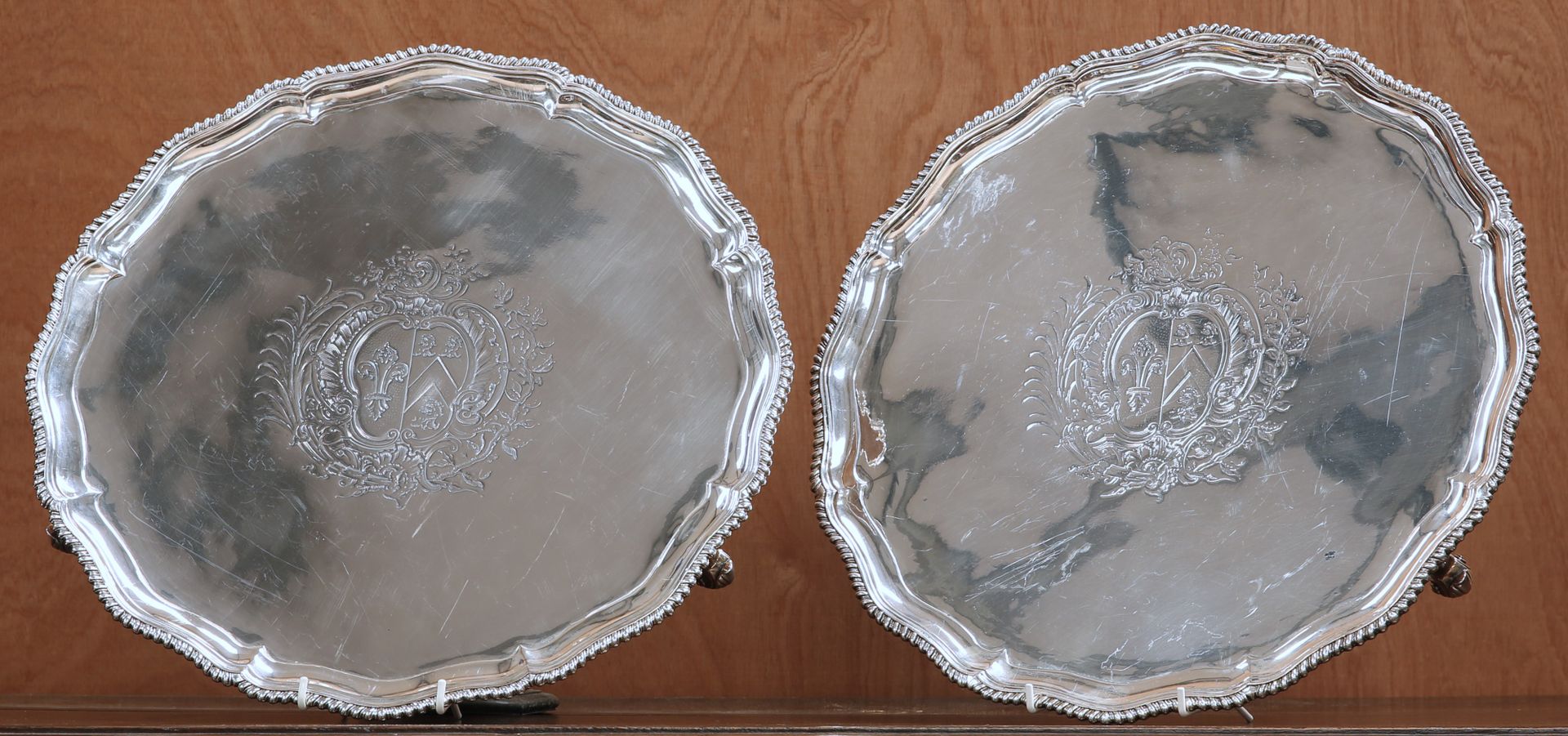 Null A LARGE PAIR OF GEORGE III SILVER SALVERS, by Thomas Hannam (or Hammond) & &hellip;