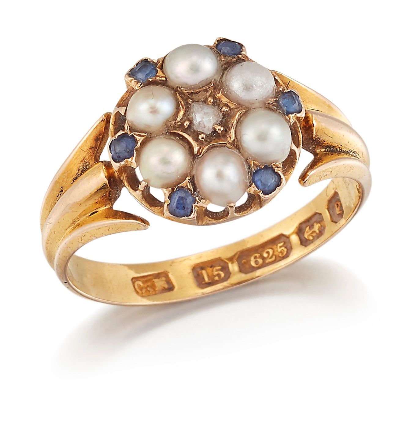 Null A VICTORIAN 15CT GOLD SPLIT PEARL, SAPPHIRE AND DIAMOND CLUSTER RING, a ros&hellip;