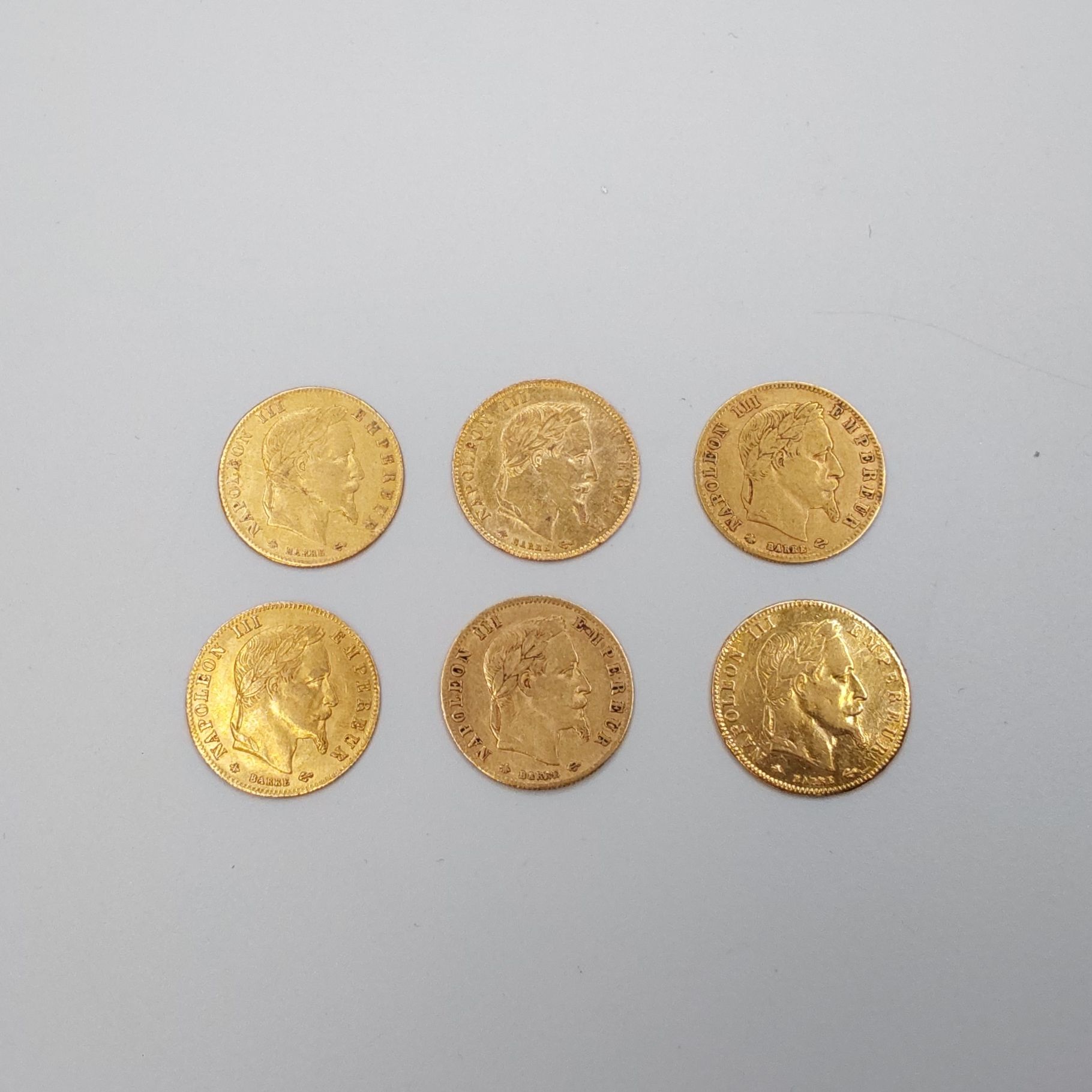 Null FRANKREICH. 6 Münzen zu 5 FRANCS Gold Napoleon III. Kopf (Tête Laurée).
Jah&hellip;