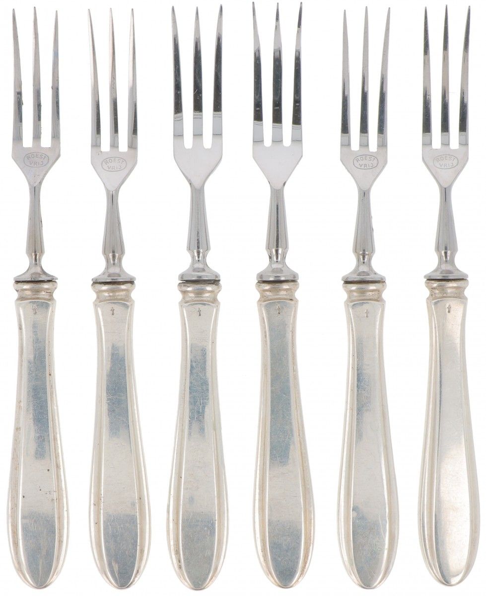 (6) piece set of fruit forks "Dutch point fillet" silver. Dotato di manici riemp&hellip;