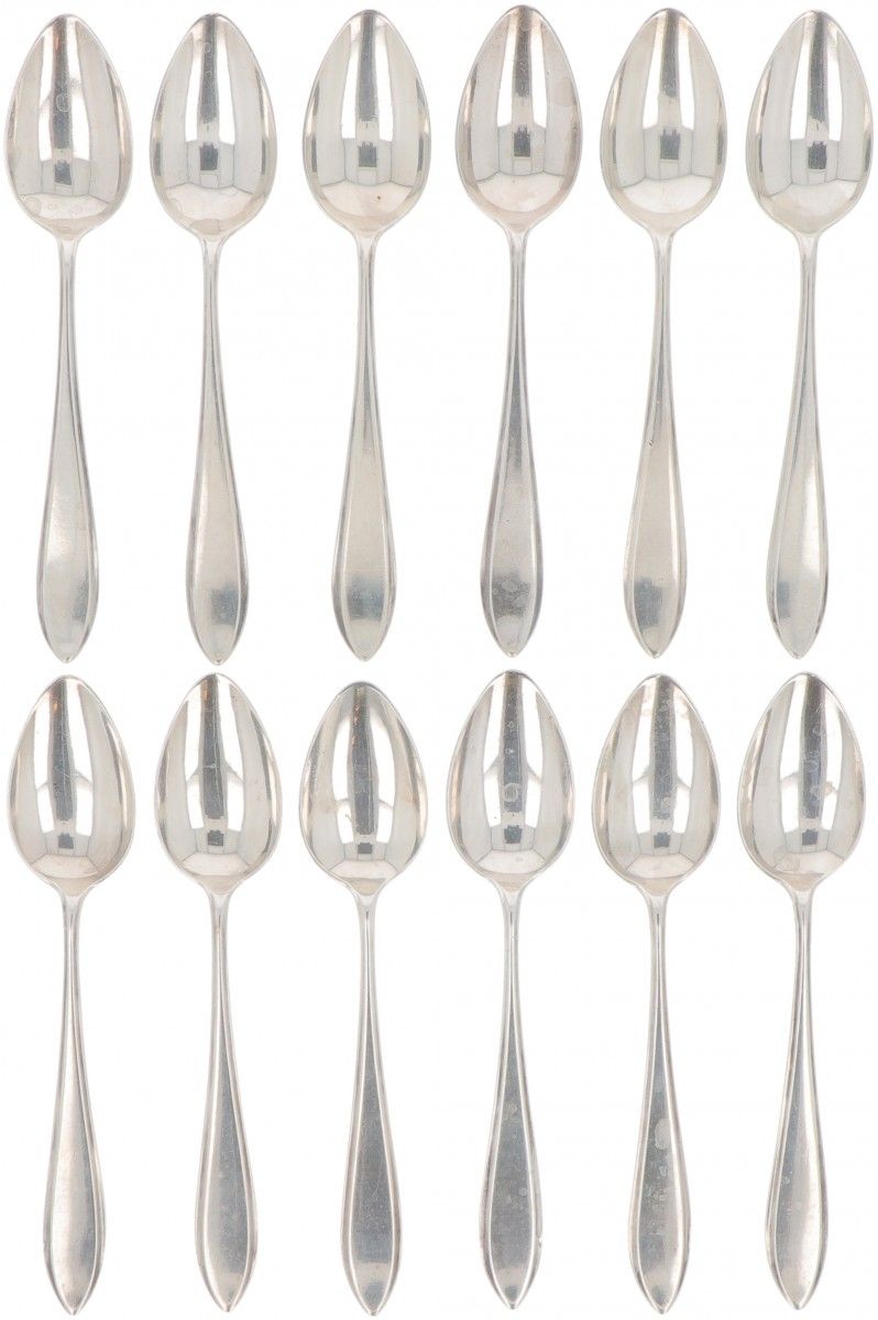 (12) piece set of coffee spoons "Dutch point fillet" silver. "Filetto a punta ol&hellip;