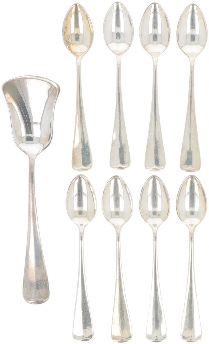 (8) piece set of mocha spoons & sugar scoop "Haags Lofje" silver. Modello: "Haag&hellip;