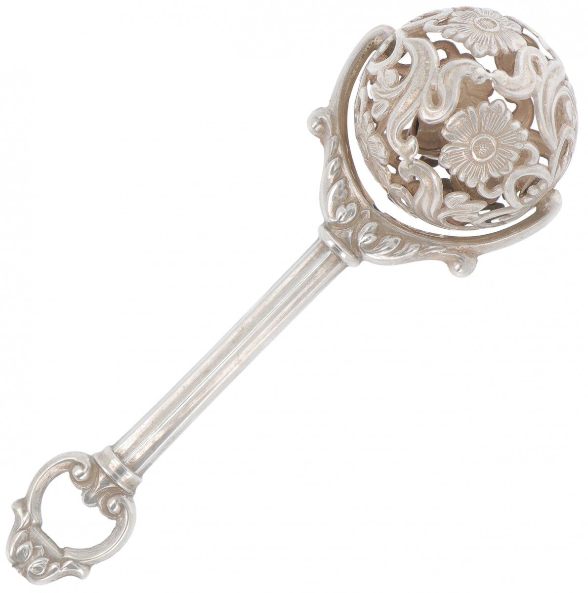 Rattle silver. Model with handle and mounted, partly openwork ball with floral d&hellip;