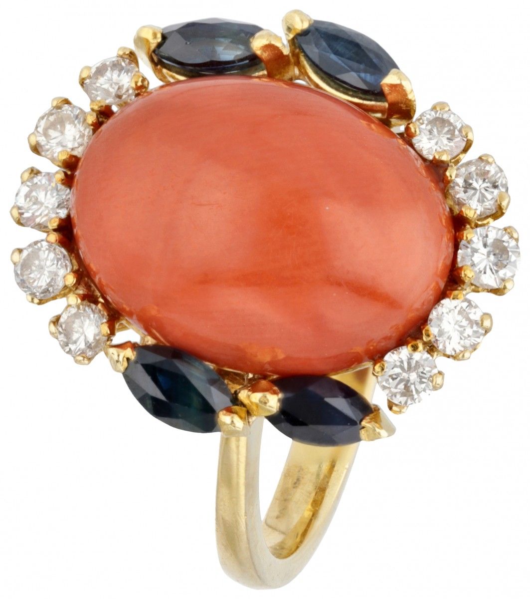 14K. Yellow gold vintage ring set with approx. 5.69 ct. Red coral, approx. 0.40 &hellip;