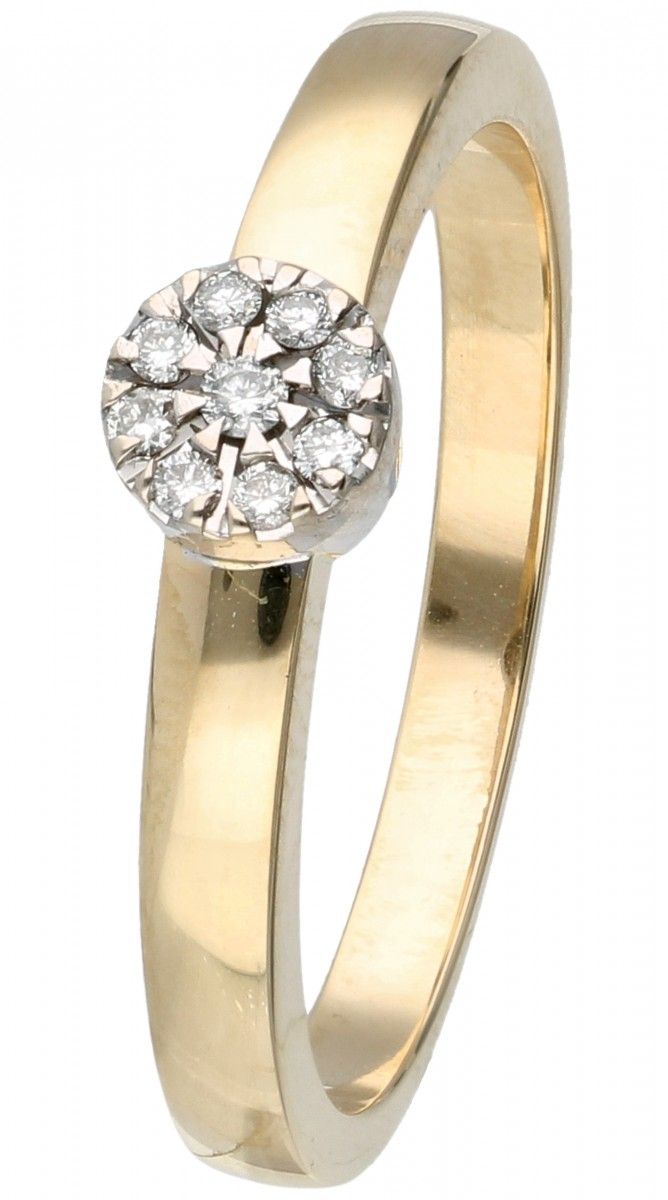 14K. Yellow gold rosette ring set with approx. 0.09 ct. Diamond. 9颗明亮式切割钻石（9x约0.&hellip;