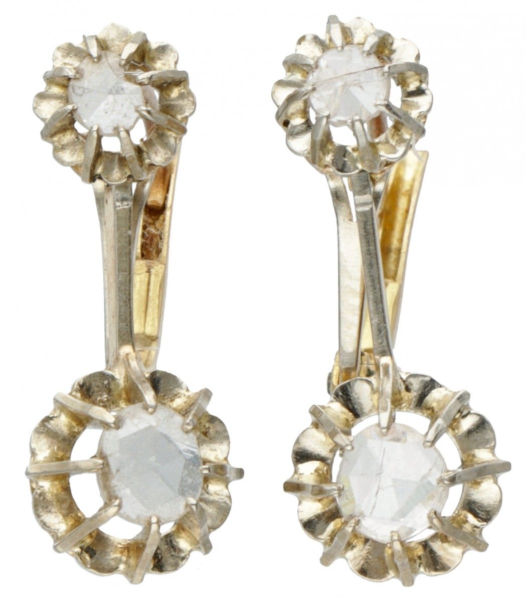 14K. Bicolor gold antique earrings set with rose cut diamond. 印章：585。配有4颗玫瑰式切割钻石&hellip;