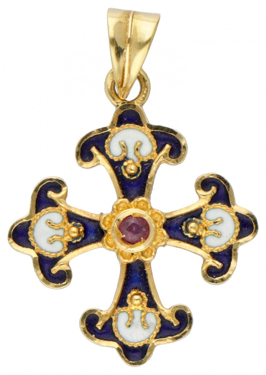 18K. Yellow gold cross-shaped pendant set with approx. 0.05 ct. Natural ruby ​​a&hellip;