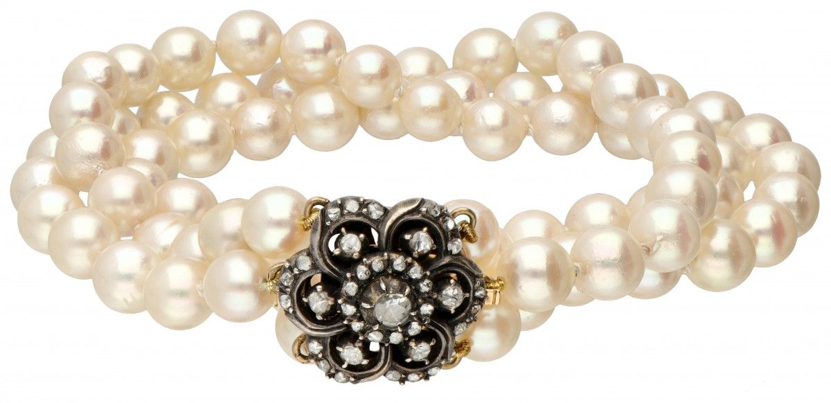 Three-row vintage freshwater pearl bracelet with rose cut diamonds set in 14K. Y&hellip;