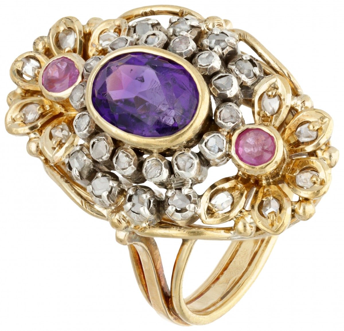 18K. Yellow gold cocktail ring set with natural amethyst, ruby ​​and rose cut di&hellip;
