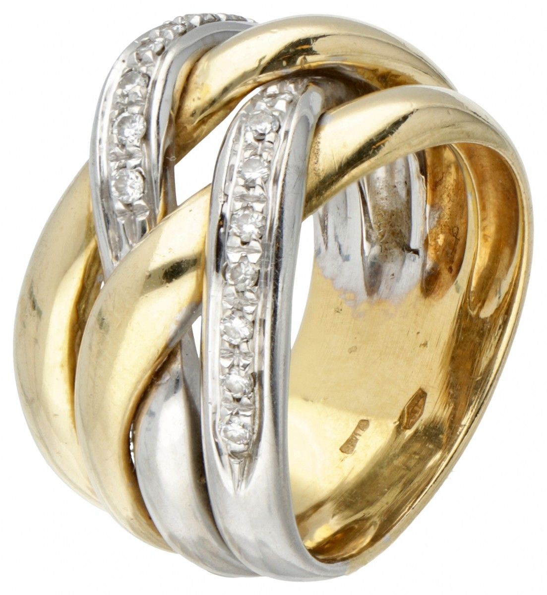 18K. Bicolor gold braided ring set with approx. 0.16 ct diamond. Des poinçons : &hellip;