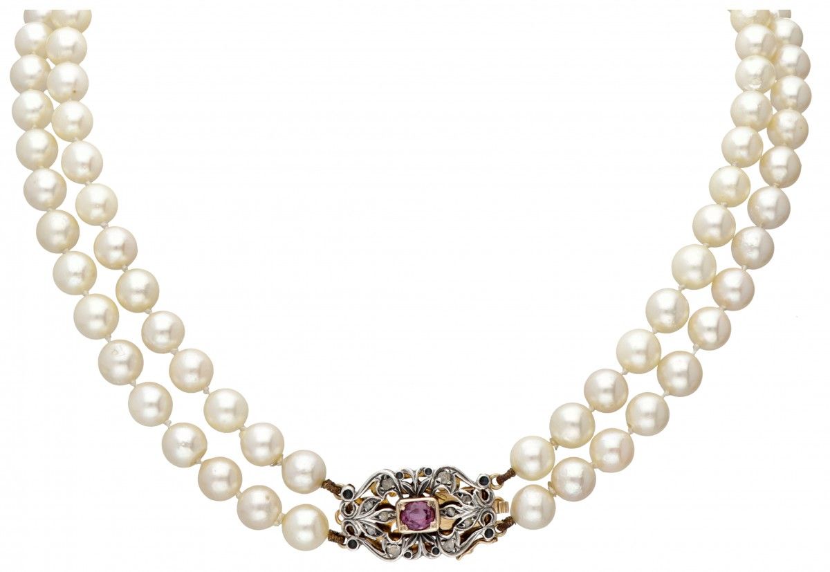 Two-row freshwater pearl necklace with 14K. Yellow gold and silver closure set w&hellip;