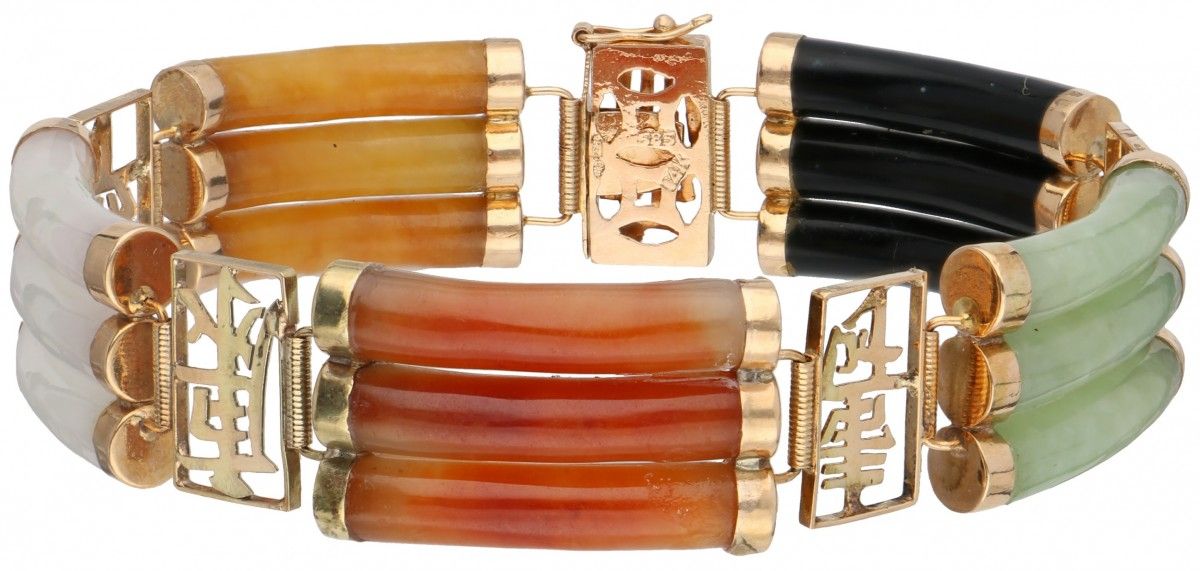 14K. Yellow gold vintage bracelet set with black, green, white, orange and yello&hellip;