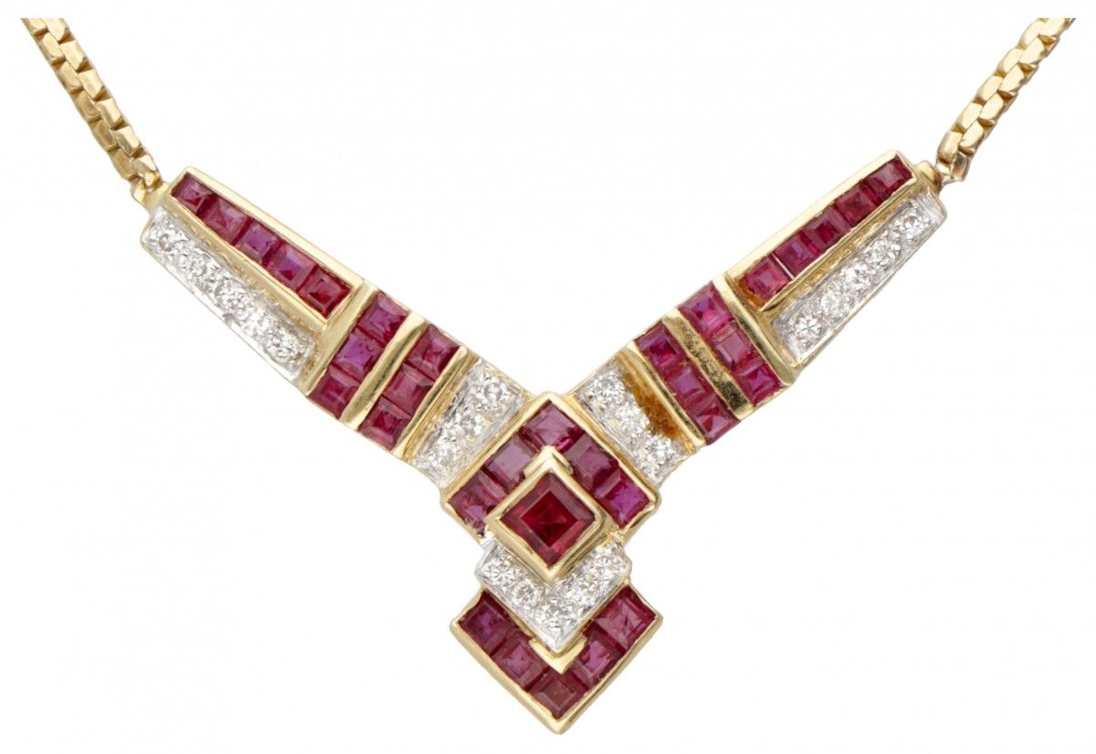 18K. Yellow gold necklace set with approx. 1.13 ct. Natural ruby ​​and approx. 0&hellip;
