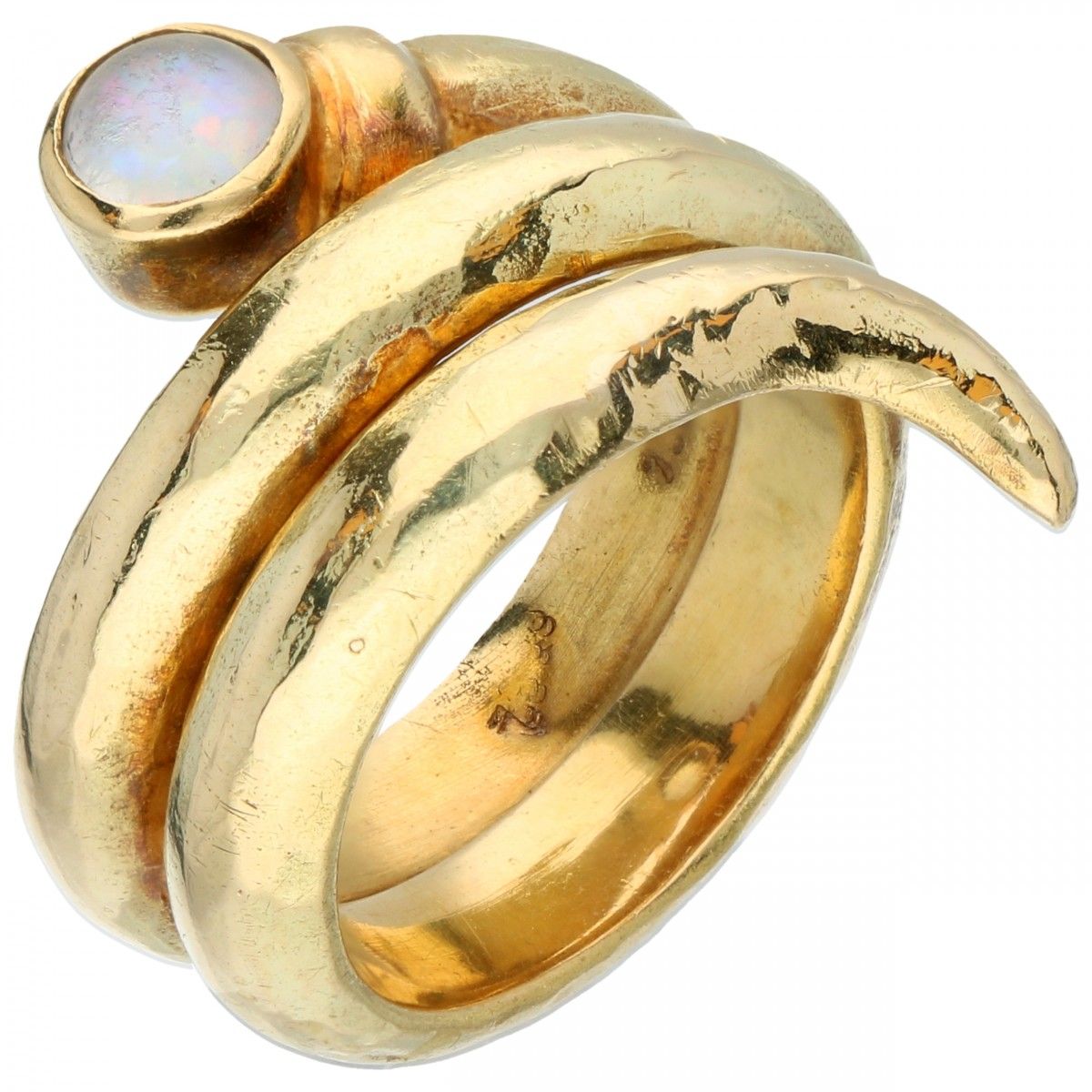 18K. Yellow gold hammered snake-shaped ring set with a triplet opal. Ring size: &hellip;