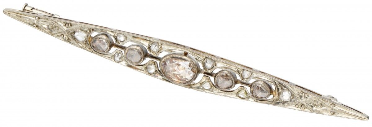 14K. White gold openwork Art Deco brooch set with 15 rose cut diamonds. Sellos: &hellip;