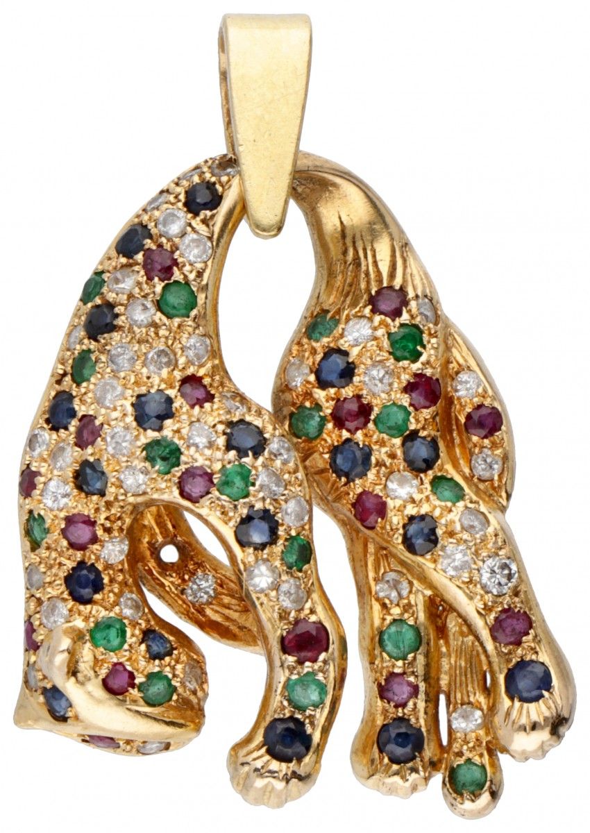 14K. Yellow gold panther pendant set with approx. 0.22 ct. Diamond, natural ruby&hellip;