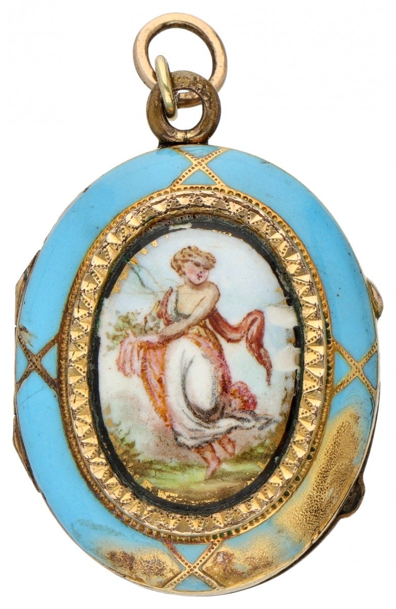 14K. Yellow gold medallion pendant with blue enamel. Poinçons : 585. Avec représ&hellip;