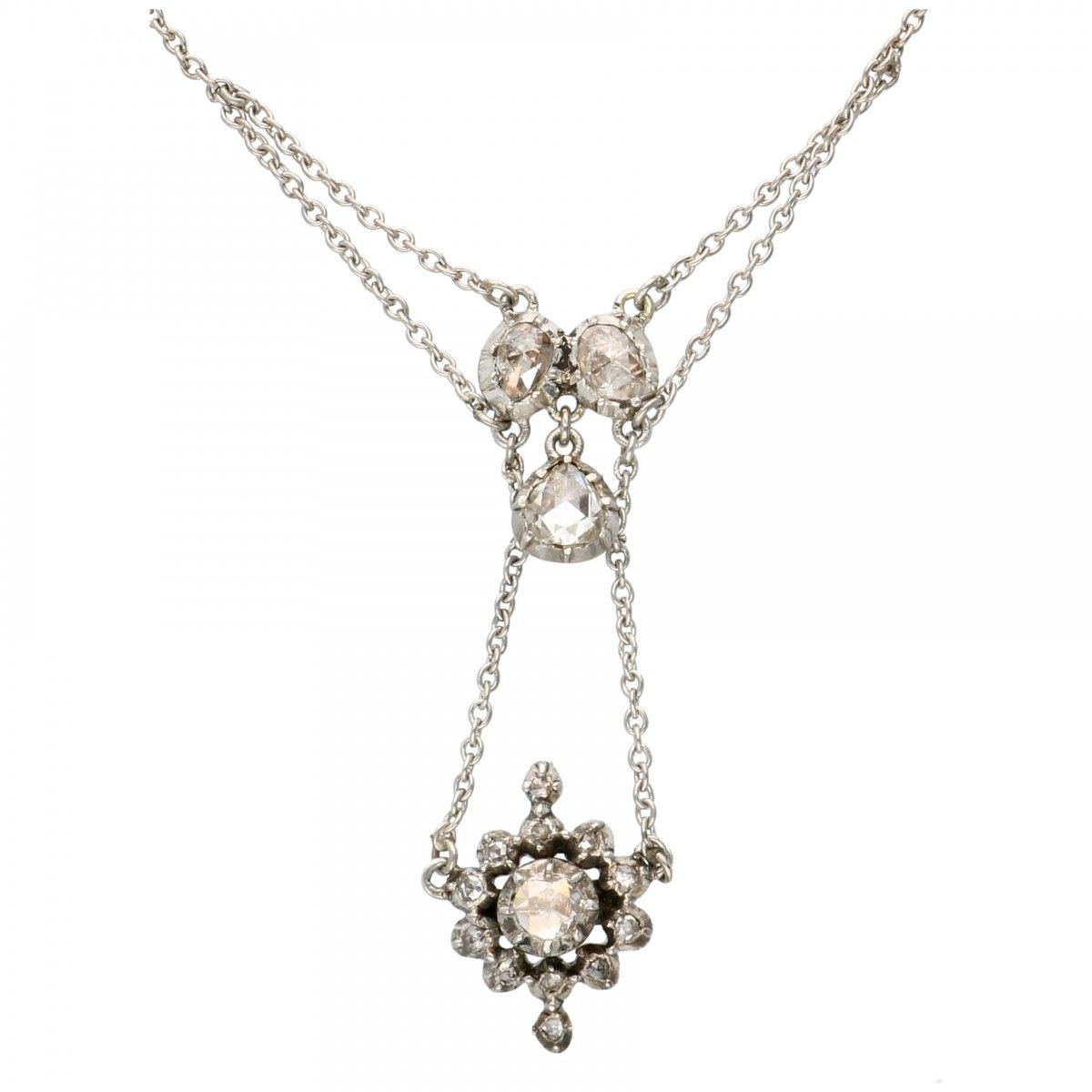 Antique silver necklace set with rose cut diamonds - 925/1000. 带安全夹。20颗玫瑰式切割钻石（1&hellip;