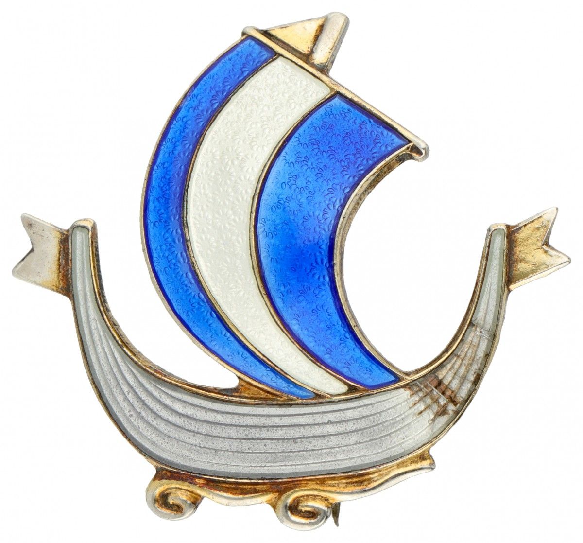 Silver Aksel Holmsen 'Viking Ship' brooch with white and blue guilloche enamel -&hellip;