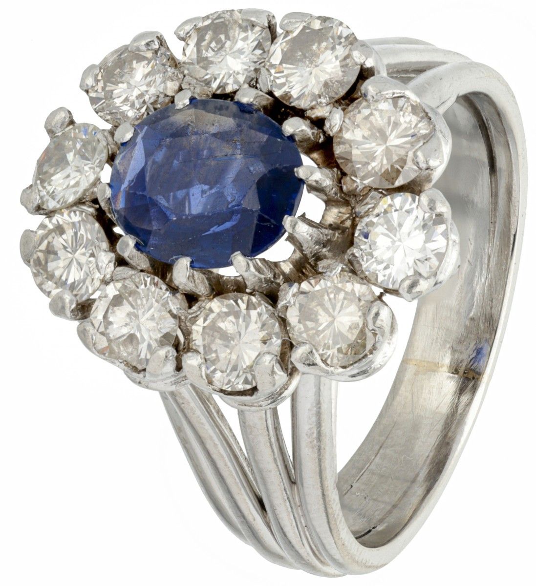 Pt. 850 Platinum entourage ring set with approx. 0.91 ct. Natural sapphire and a&hellip;