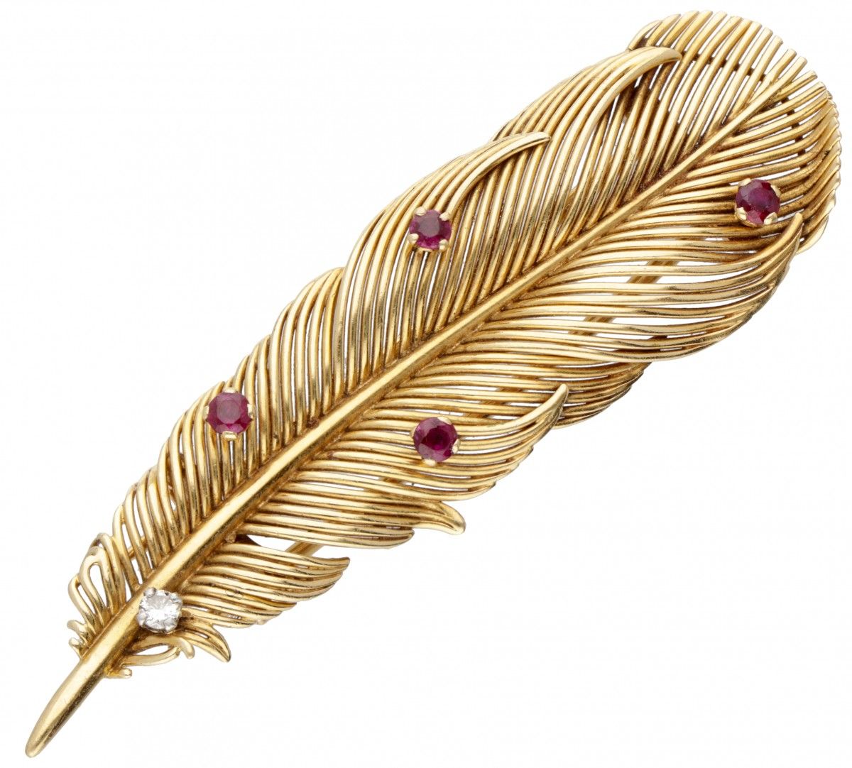 18K. Yellow gold Hermès feather brooch set with approx. 0.24 ct. Natural ruby an&hellip;