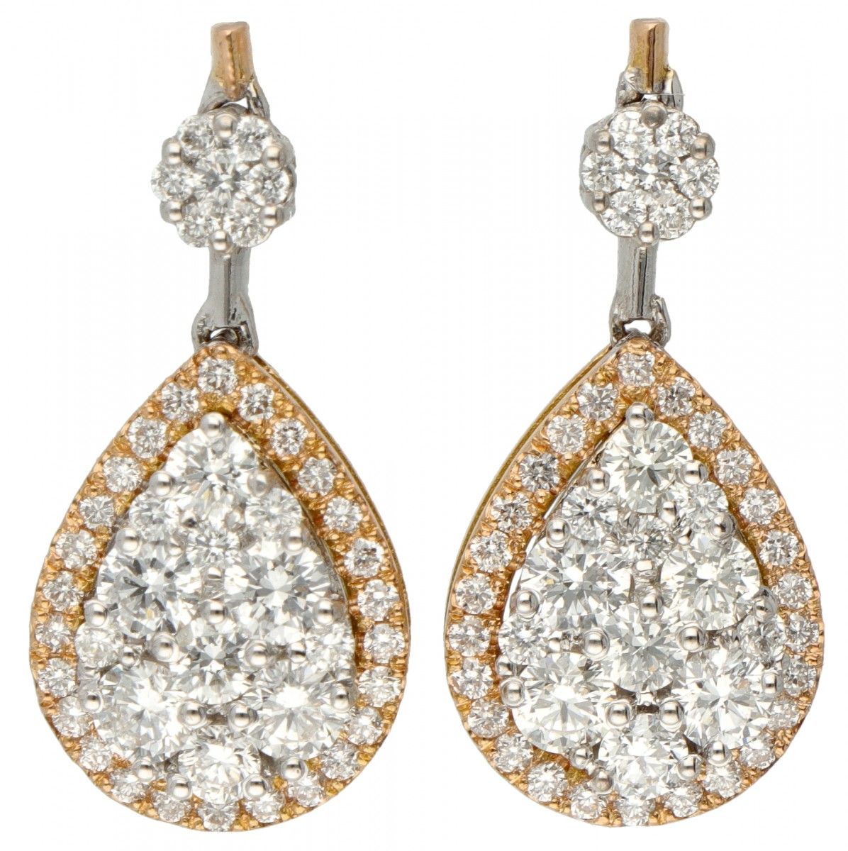 18K. Bicolor gold entourage earrings set with approx. 1.54 ct. Diamond. 印章：750。镶&hellip;
