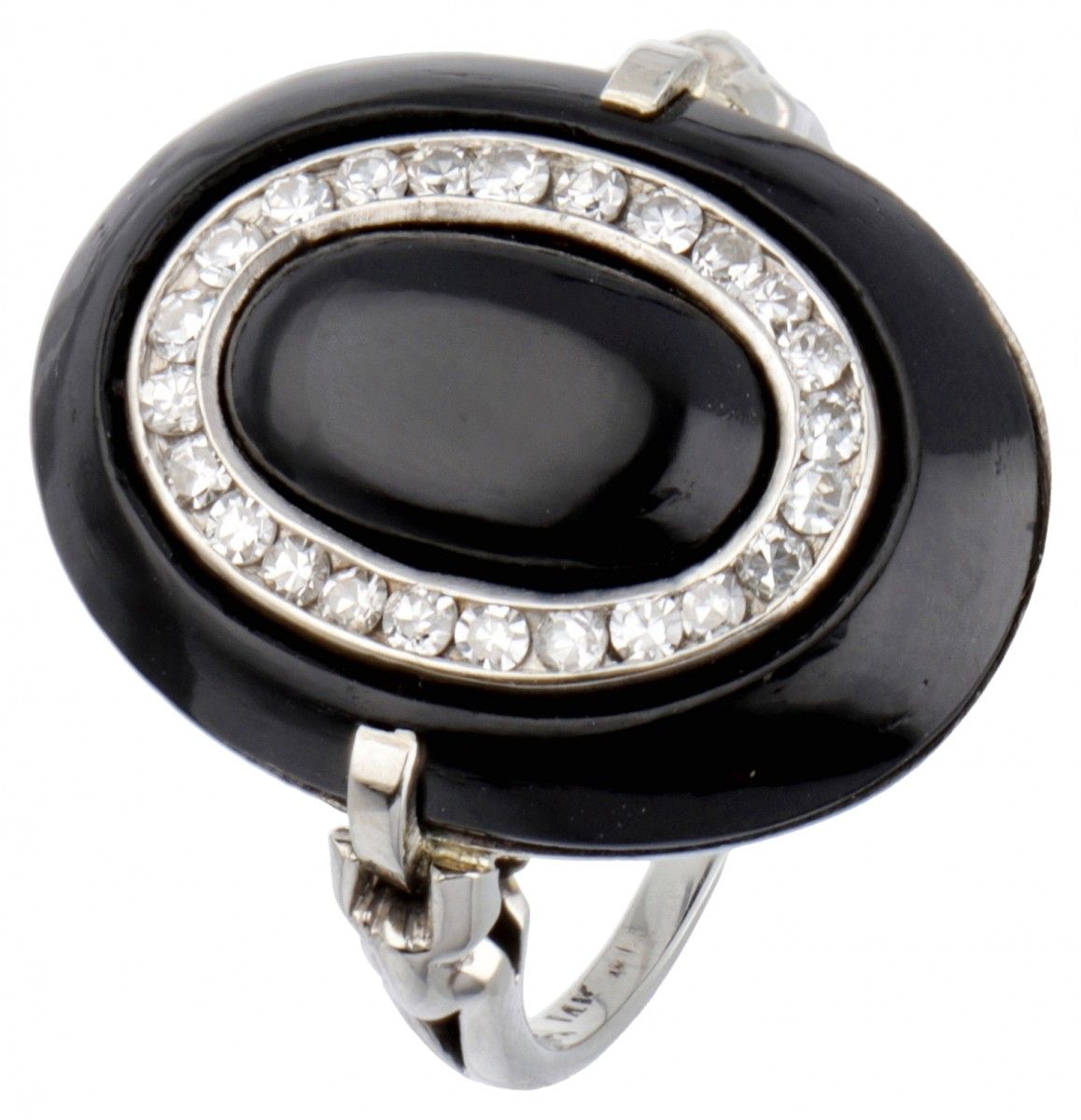 14K. White gold oval Art Deco ring set with approx. 0.24 ct. Diamond and onyx. S&hellip;