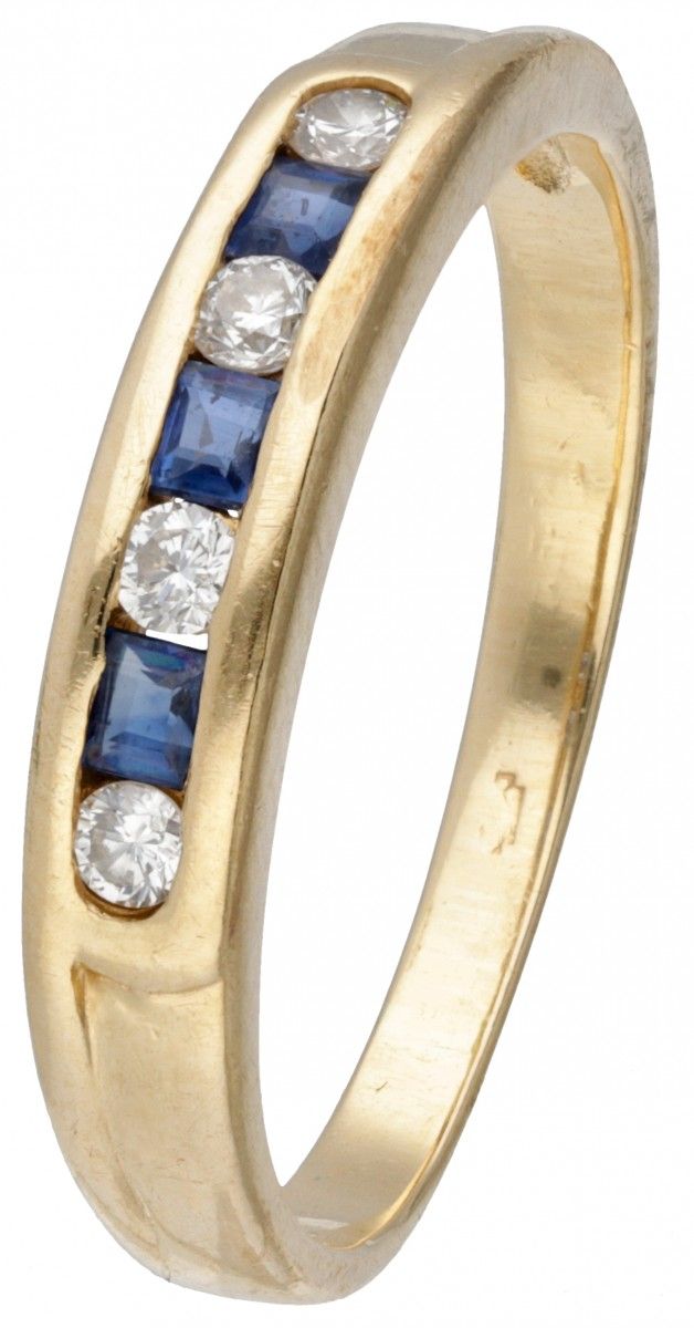 14K. Yellow gold ring set with approx. 0.08 ct. Diamond and natural sapphire. Po&hellip;