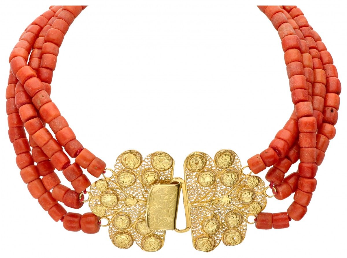 Four-row antique Zeeland red coral necklace with a 14K. Yellow gold closure. 印章：&hellip;