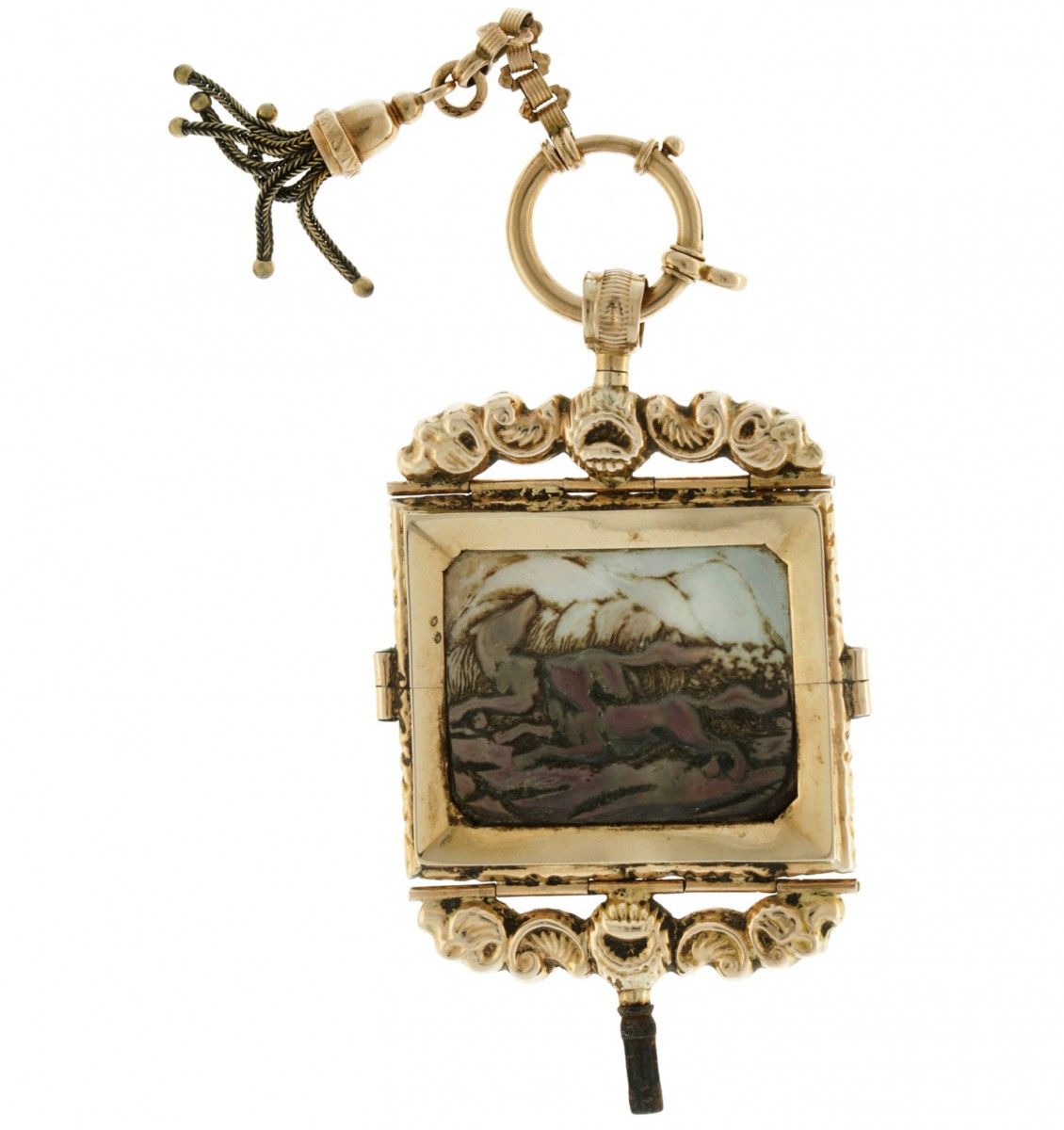 Golden pocket watch pendant with key, Mother of Pearl decoration Tierdekoration &hellip;