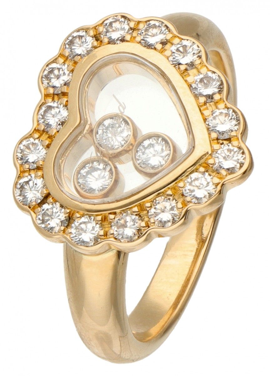 18K. Yellow gold Chopard 'Happy Diamonds' heart-shaped ring. 镶嵌19颗明亮式切割钻石（3颗约0.0&hellip;