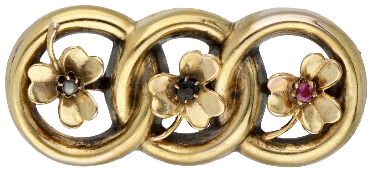 14K. Yellow gold antique brooch with movable three-leaf clovers. Marchi: 585. La&hellip;