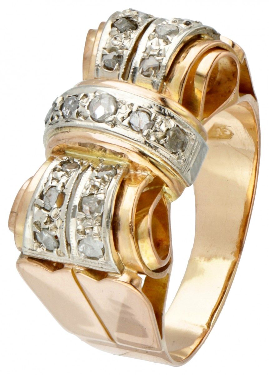 18K. Rose gold retro bow-shaped tank ring set with diamond. 印章：750。镶有17颗玫瑰式切割钻石（&hellip;
