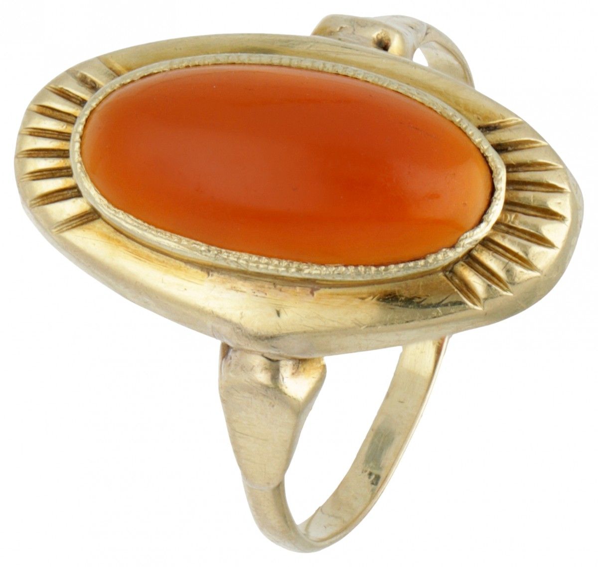 14K. Yellow gold ring set with approx. 3.46 ct. Carnelian. Hallmarks: 585. With &hellip;
