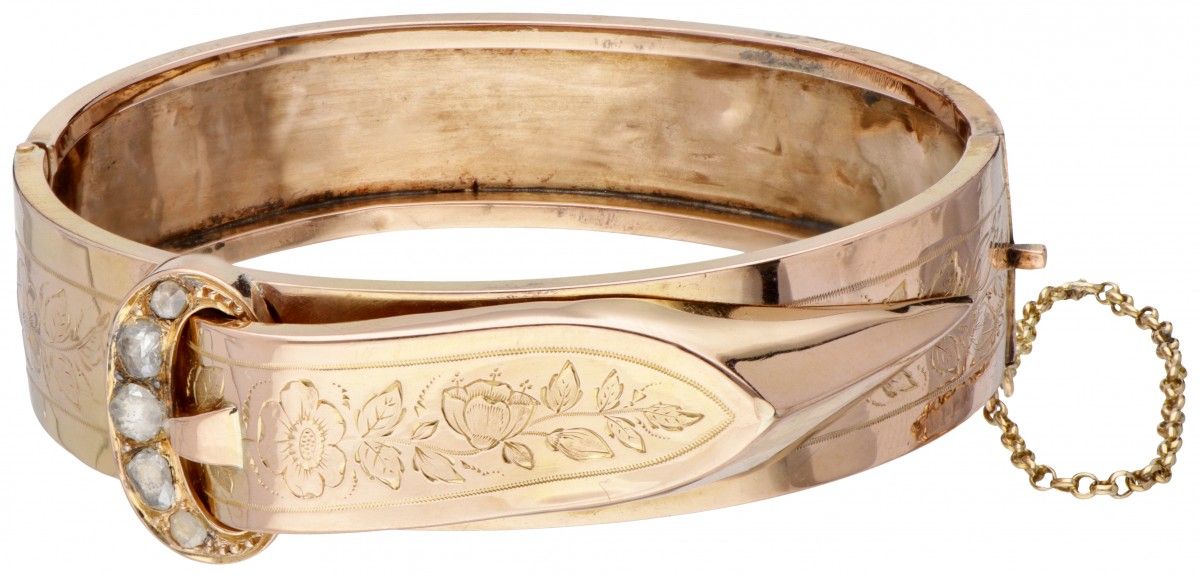 18K. Yellow gold antique bangle bracelet set with rose cut diamond. Hallmarks: 7&hellip;